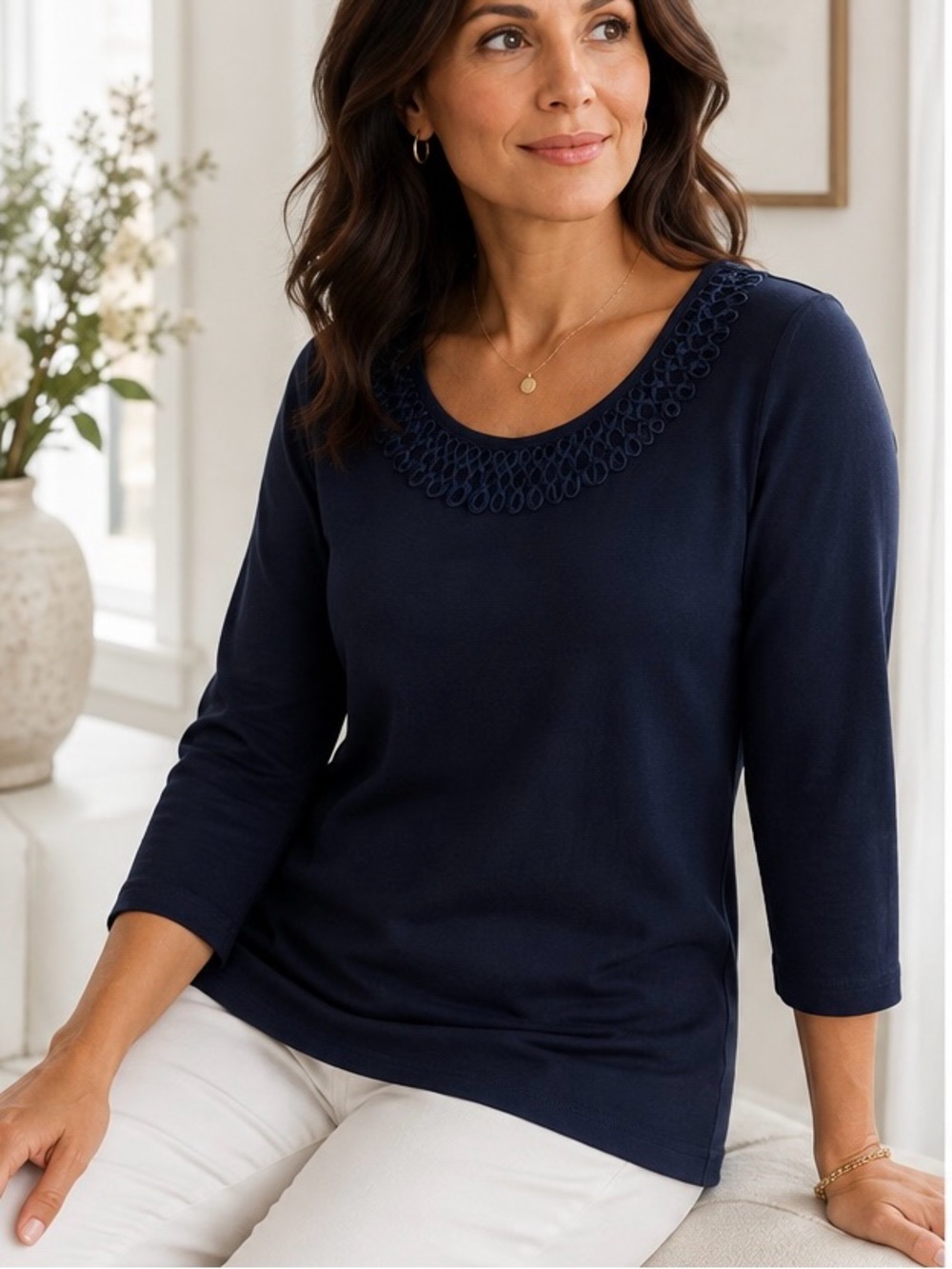 Bonmarché Navy Blue Scoop Neck Cotton Blend Sweater with Crochet Trim 3/4 Sleeve